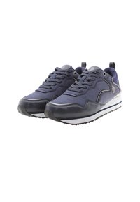 Granatowe sneakersy sportowe z gładką tekstylną cholewką, gumową podeszwą i białymi akcentami w śródpodeszwie. Pozwalają na wiązanie sznurowadeł i posiadają pętle do zakupu.
