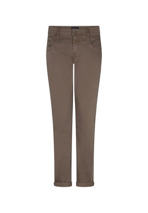 Brune slim fit bukser med op-rullede manchetter, forreste knap, lynlås og lommer, vist fladt på en hvid baggrund.