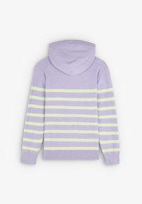Sweat à capuche violet avec des rayures horizontales jaune-vert. Texture douce, poignets et ourlet côtelés. Comprend une capuche à l'arrière.