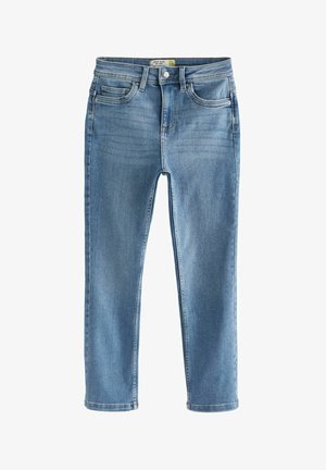 Heledsinine denimist teksased, mis on slim fit lõikega, sirgete jalgadega, ees olevate taskute ja nööpkleidiga. Õrnad pleekimised ja õmblemise detailsed jooned on nähtavad.