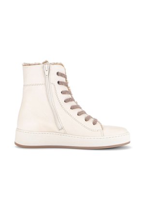 Cream high-top sneaker boot with beige laces, side zipper, fur lining, and white rubber sole on a white background.