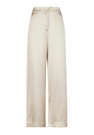 Pantalon taille haute à jambes larges en beige avec un bouton unique et une fermeture éclair dissimulée à l'avant.