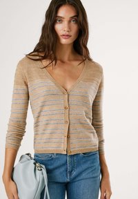Light brown cardigan with horizontal blue stripes, v-neck, and button closure. Paired with a light blue bag. Casual knit texture visible.