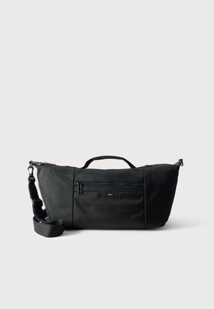 Sac bandoulière BOSS noir avec poignée supérieure, bandoulière réglable et poche avant zippée, présenté sur un fond uni.