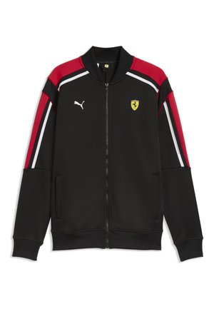 Schwarze Jacke mit Reißverschluss und roten sowie weißen Streifen auf Schultern und Ärmeln, mit Puma-Logo und Ferrari-Wappen auf der Brust.