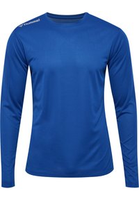 Langdurig sportshirt met lange mouwen, gemaakt van gladde, vochtafvoerende blauwe stof. Bevat versterkte naden en een klein logo op de linkerschouder.
