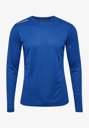 Koszulka sportowa z długim rękawem, wykonana z gładkiego, odprowadzającego wilgoć niebieskiego materiału. Posiada wzmocnione szwy oraz małe logo na lewym ramieniu.