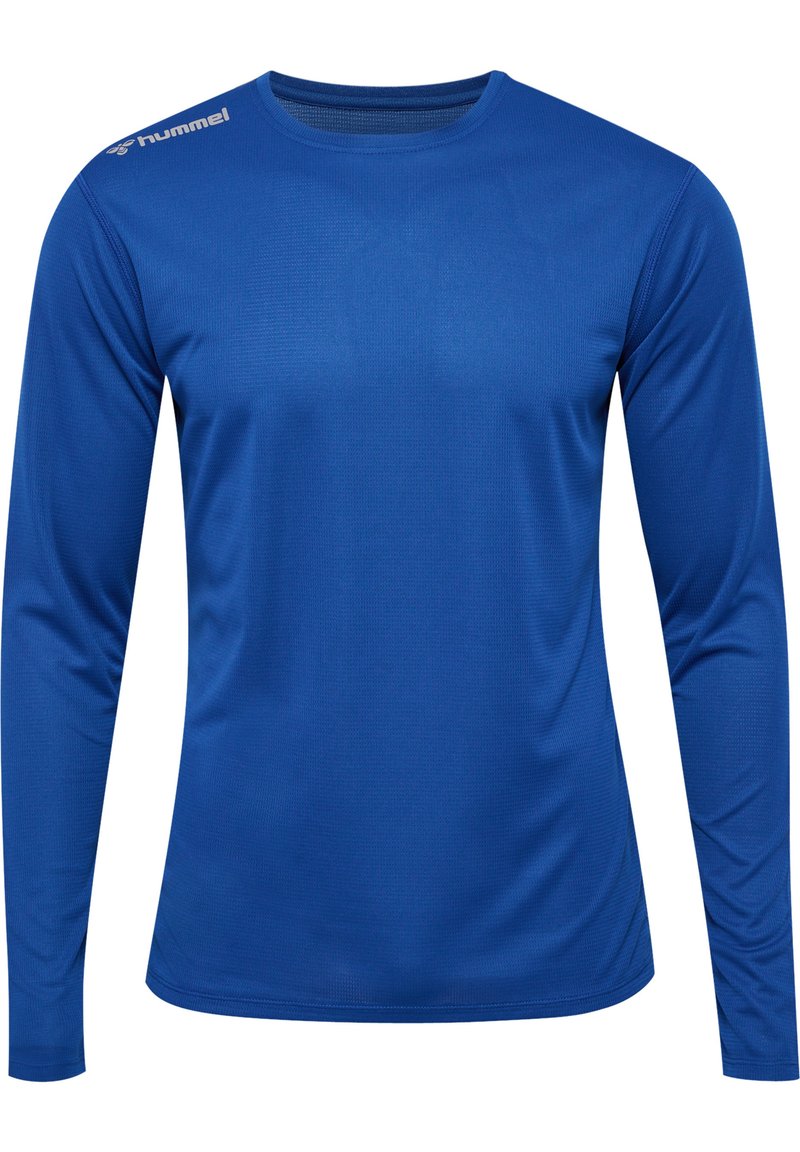 Langdurig sportshirt met lange mouwen, gemaakt van gladde, vochtafvoerende blauwe stof. Bevat versterkte naden en een klein logo op de linkerschouder.