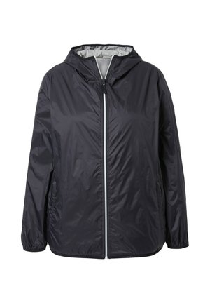 Sort let hættejakke med lynlås foran og elastiske ærmeafslutninger, designet til afslappet eller udendørs brug.