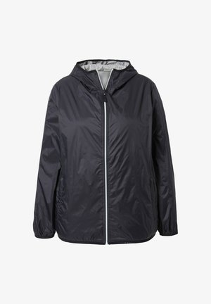 Czarna lekka kurtka z kapturem, zapinana na zamek z przodu, z elastycznymi mankietami, zaprojektowana do noszenia na co dzień lub na zewnątrz.