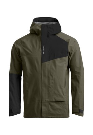 Olive green waterproof jacket with a black upper panel, adjustable hood, long sleeves, and front pockets. Features a sleek, functional design.