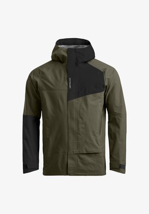 Olive green waterproof jacket with a black upper panel, adjustable hood, long sleeves, and front pockets. Features a sleek, functional design.