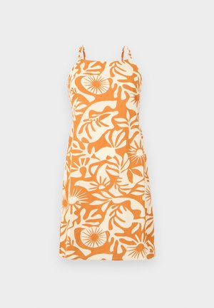 Oranssi ja kerma väriinen hihaton mekko, jossa on kukkakuosi ja suora leikkaus sekä säädettävät ohutolkaimet. Sujuva ja kevyt kangas.