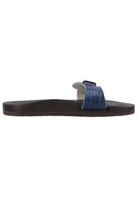 Blue leather slide sandals with a textured strap, brown rubber sole, and a simple design. Adjustable buckle detail for fit.