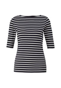 T-shirt rayé bleu marine et blanc avec des manches trois-quarts, un col rond et un tissu doux. Présente des rayures horizontales et une coupe décontractée.