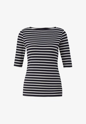 T-shirt a righe blu navy e bianche con maniche a tre quarti, scollatura rotonda e tessuto morbido. Presenta righe orizzontali e una vestibilità comoda.