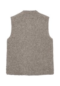 Beige, stickad ärmlös tröja med hög hals och mjuk textur. Enkelt design med ett enhetligt mönster över hela plagget.