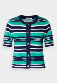 Cardigan à manches courtes en rayures bleues, vertes et blanches. Dispose de cinq boutons, d'un col côtelé et de poches à l'avant.