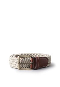 Woven belt in light beige with a braided design, featuring a metallic silver buckle and a brown leather accent near the buckle.