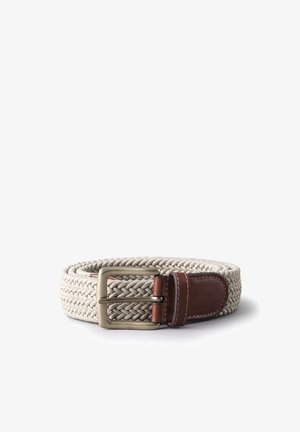 Woven belt in light beige with a braided design, featuring a metallic silver buckle and a brown leather accent near the buckle.