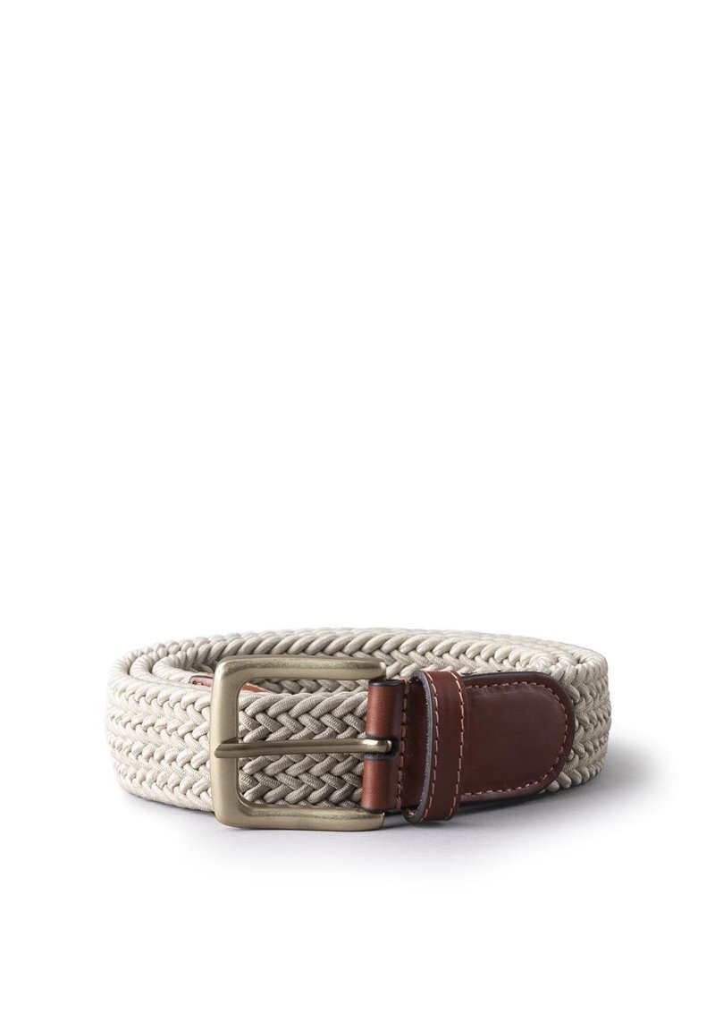 Woven belt in light beige with a braided design, featuring a metallic silver buckle and a brown leather accent near the buckle.