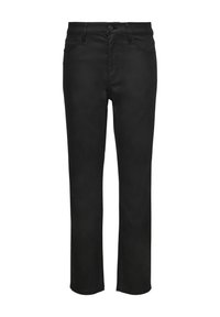 Schwarze Jeans aus Denim mit geradem Schnitt, Fünf-Taschen-Design und Knopfverschluss vorne. Sie zeichnen sich durch eine glatte Textur und keine sichtbaren Muster oder Akzente aus.