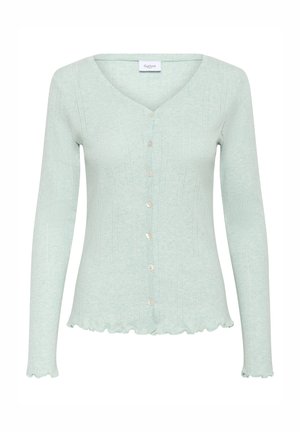 Hele roheline pikade varrukatega kardigan V-kaelusega, ribakujuline tekstuur, nööbiplokk ja laineline lõpp. Valmistatud pehmest materjalist, millel on peened mustrid.