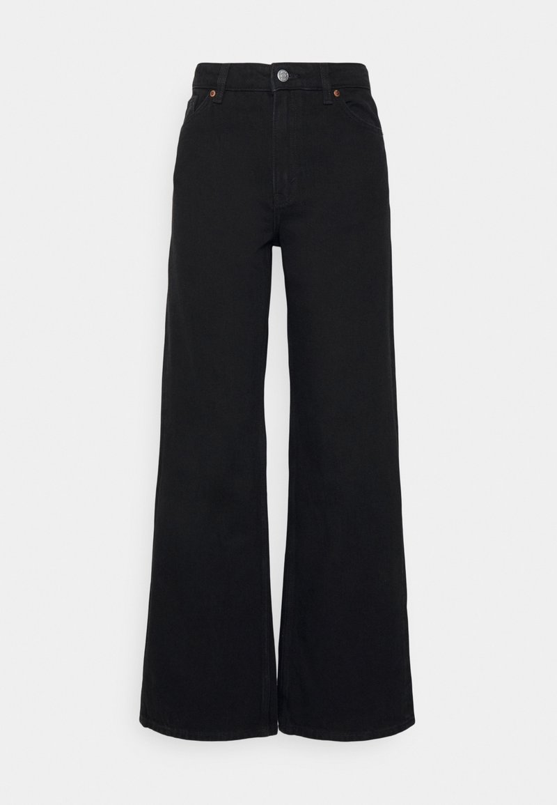 Mustat leveälahkeiset farkut denimistä, joissa on napillinen suljenta, kaksi etutaskua ja hienovaraiset kupariset yksityiskohdat. Sileä rakenne.