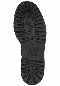 Semelle extérieure en caoutchouc noir présentant un motif texturé avec des rainures et des formes croisées, marquée par "pg" près de la zone du talon.