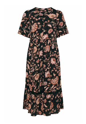 Schwarzes Midikleid mit pink-beigem Blumenmuster, kurzen Ärmeln, Knopfleiste vorne und geraffter Taille mit Volant-Saum.