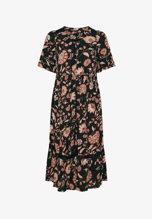 Schwarzes Midikleid mit pink-beigem Blumenmuster, kurzen Ärmeln, Knopfleiste vorne und geraffter Taille mit Volant-Saum.