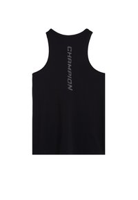 Zwarte mouwloze tanktop van zachte stof. Heeft een verticale "CHAMPION" logo in een contrasterende grijze kleur op de achterkant.