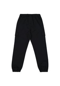 Schwarze Cargo-Hose mit elastischem Bund, schmal zulaufenden Säumen und zwei Seitentaschen. Hergestellt aus leichtem Material mit glatter Textur.