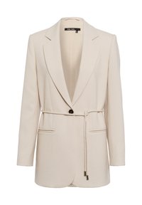 Beige tailored blazer with a tie belt, single black button, two front pockets, and notched lapels in textured fabric.