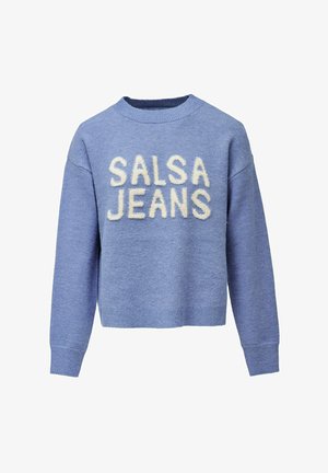 Sudadera de cuello redondo en azul claro, con "SALSA JEANS" en letras cremosas y esponjosas. Textura suave con puños y dobladillo acanalados. Corte ancho.