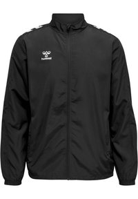 Black windbreaker jacket with a zip front, high collar, and elastic cuffs. Features white logo and patterned accents on shoulders.