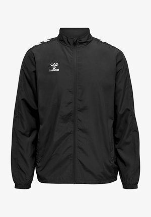 Veste coupe-vent noire avec fermeture éclair à l'avant, col montant et poignets élastiques. Dotée d'un logo blanc et d'accents imprimés sur les épaules.