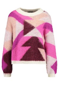Maglione a maglia in rosa, crema e bordeaux con motivi geometrici. Presenta un ampia scollatura e polsini e orlo a coste, con una texture morbida.