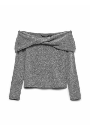 Grå cropped sweater med off-the-shoulder design lavet af blødt strikket materiale, med lange ærmer og en snoet detalje ved halsudskæringen.