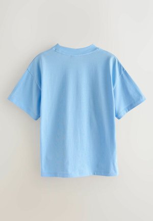 Hele sinine puuvillane lühikeste varrukatega T-särk, ümmarguse kaelusega ja lõdva lõikega. Sile pind ilma nähtavate mustrite või aktsentideta.