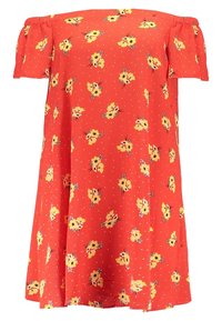 Rotes schulterfreies Kleid mit einem Blumenmuster, das gelbe Blumen und grüne Akzente zeigt. Weicher, strukturierter Stoff mit kurzen Ärmeln.