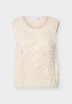 Αμάνικο εκρού πλεκτό τοπ με μοτίβα λουλουδιών και στρογγυλή λαιμόκοψη, τοποθετημένο επίπεδα σε λευκό φόντο.