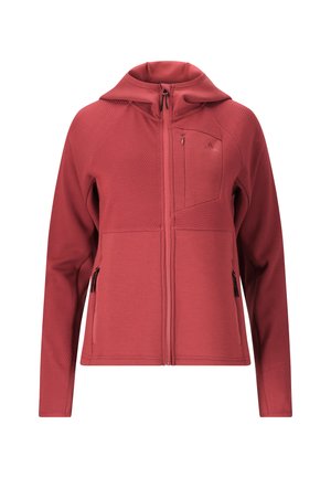 Punainen vetoketjullinen huppari, jossa on teksturoitu kangas hartioissa ja hihoissa, vetoketjullinen rintatasku sekä kaksi vetoketjullista sivutaskua.