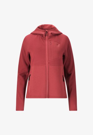 Punainen vetoketjullinen huppari, jossa on teksturoitu kangas hartioissa ja hihoissa, vetoketjullinen rintatasku sekä kaksi vetoketjullista sivutaskua.