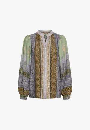 Langærmet skjorte med knapper og blandede lodrette blomster- og geometriske mønstre i grønne, lilla, gyldne og beige nuancer, med puffede ærmer og en mandarin-krave.