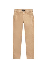 Pantalones slim-fit en color beige con bolsillos frontales, trabillas para cinturón y cierre de botón, exhibidos sobre un fondo blanco.