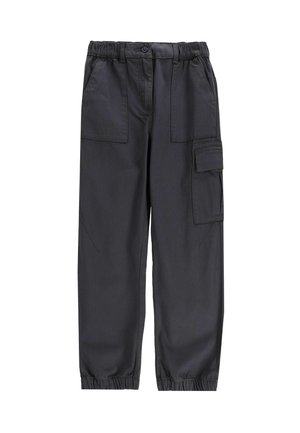 Ciemnoszare spodnie cargo z elastycznym pasem, wieloma kieszeniami i zwężanymi mankietami. Wykonane z trwałej, teksturowanej tkaniny.