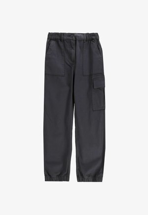 Ciemnoszare spodnie cargo z elastycznym pasem, wieloma kieszeniami i zwężanymi mankietami. Wykonane z trwałej, teksturowanej tkaniny.