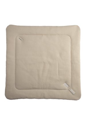 Beige quilted cushion with a textured surface, square shape, and stitched border. Includes a small label in the corner.