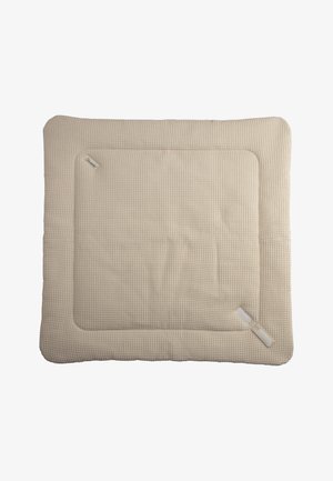 Beige quilted cushion with a textured surface, square shape, and stitched border. Includes a small label in the corner.
